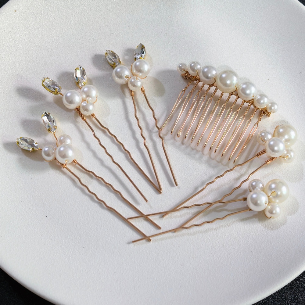Clip In Hair Piece - 진주 크리스탈 헤어핀 빗 세트 신부