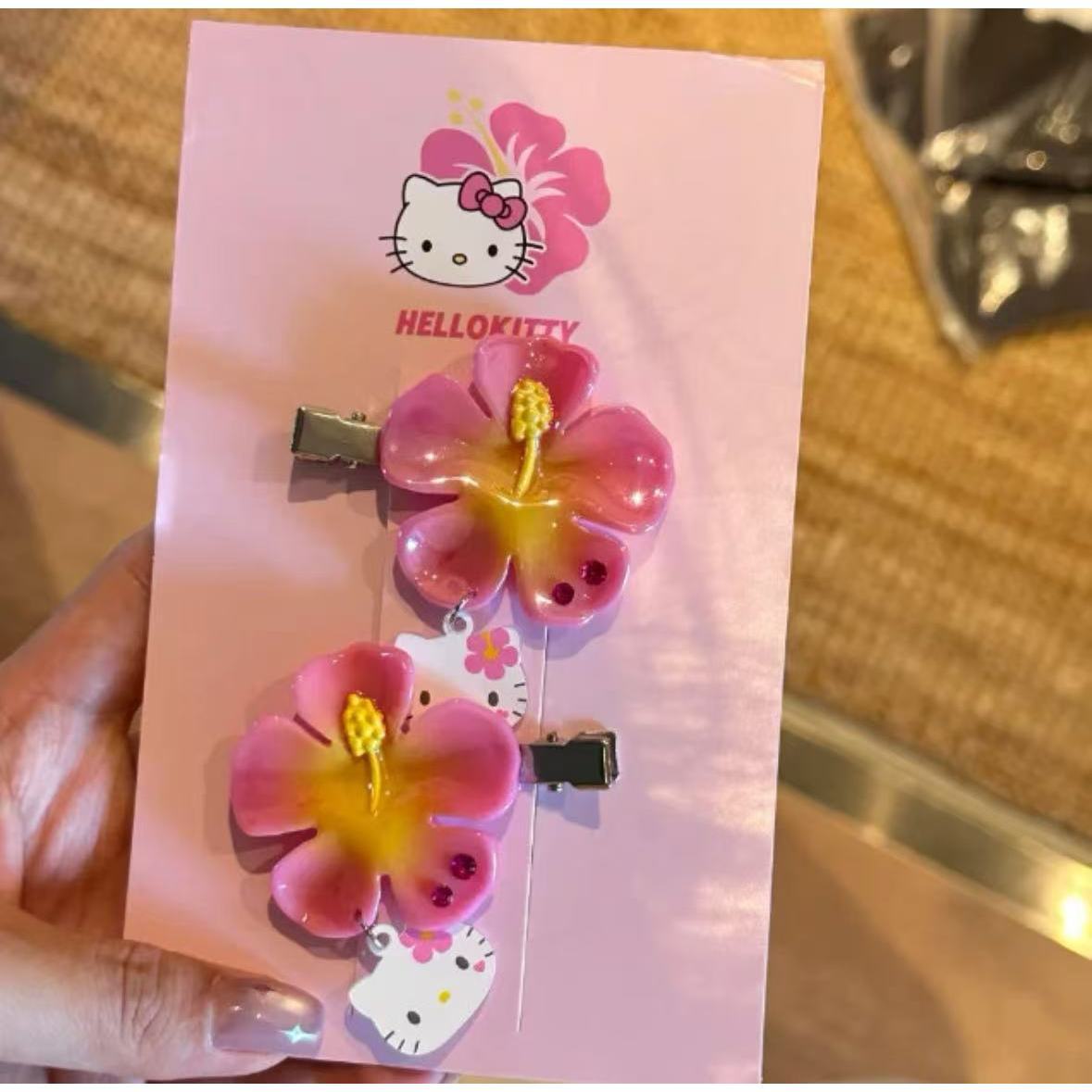 카와이 산리오 헬로 키티 꽃 머리핀 세트 핑크 히비스커 - Clip In Hair Piece 리뷰 및 가격